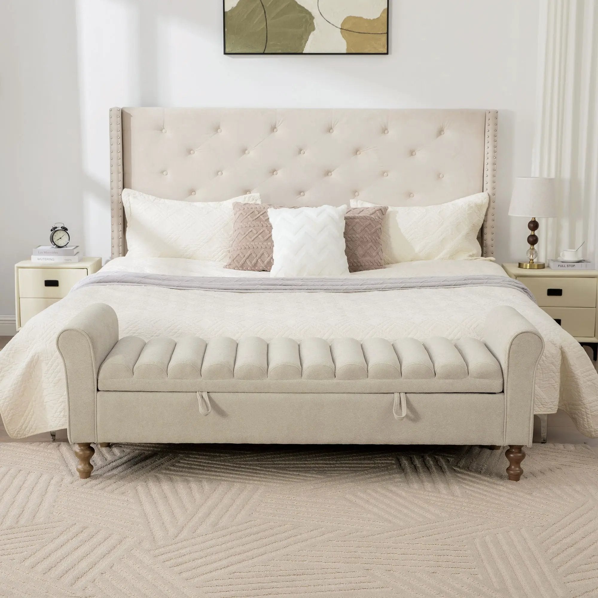 Wide Upholstered Storage Bench With Rolled Armrest For Bedroom - Griege by HouseOfZazla