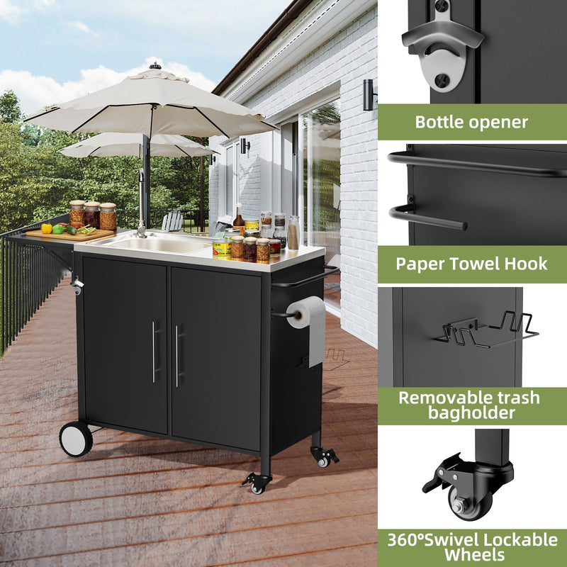 Outdoor Grill Table With Sink, Worktable Kitchen Cabinet Island With Wheels & Foldable Top - Black by HouseOfZazla