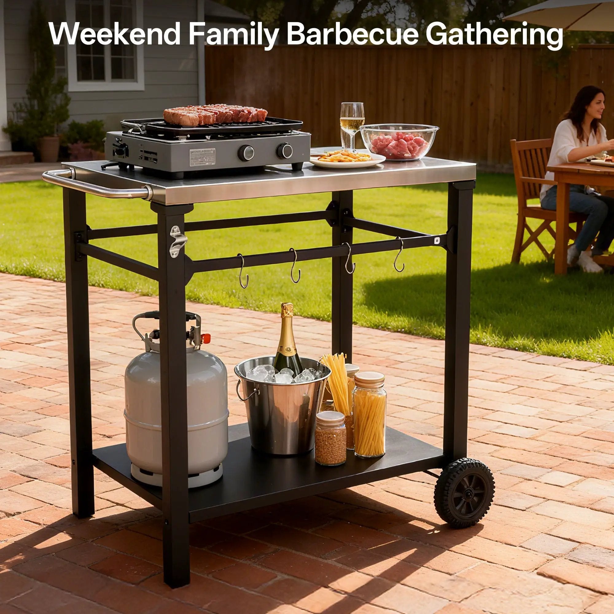 2-Tier Outdoor Grill Cart with Stainless Steel Top, Large Wheels & Tool Hooks by HouseOfZazla
