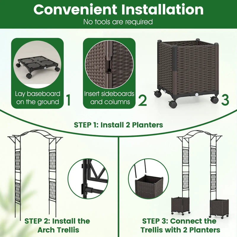 82 x 99 Inch Garden Arch Trellis with 2 Self-Watering Planter Boxes Wheels-Black by DirectDeals