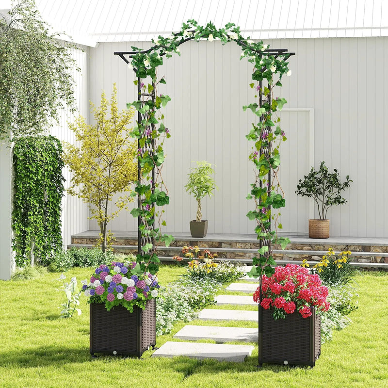 82 x 99 Inch Garden Arch Trellis with 2 Self-Watering Planter Boxes Wheels-Black by DirectDeals