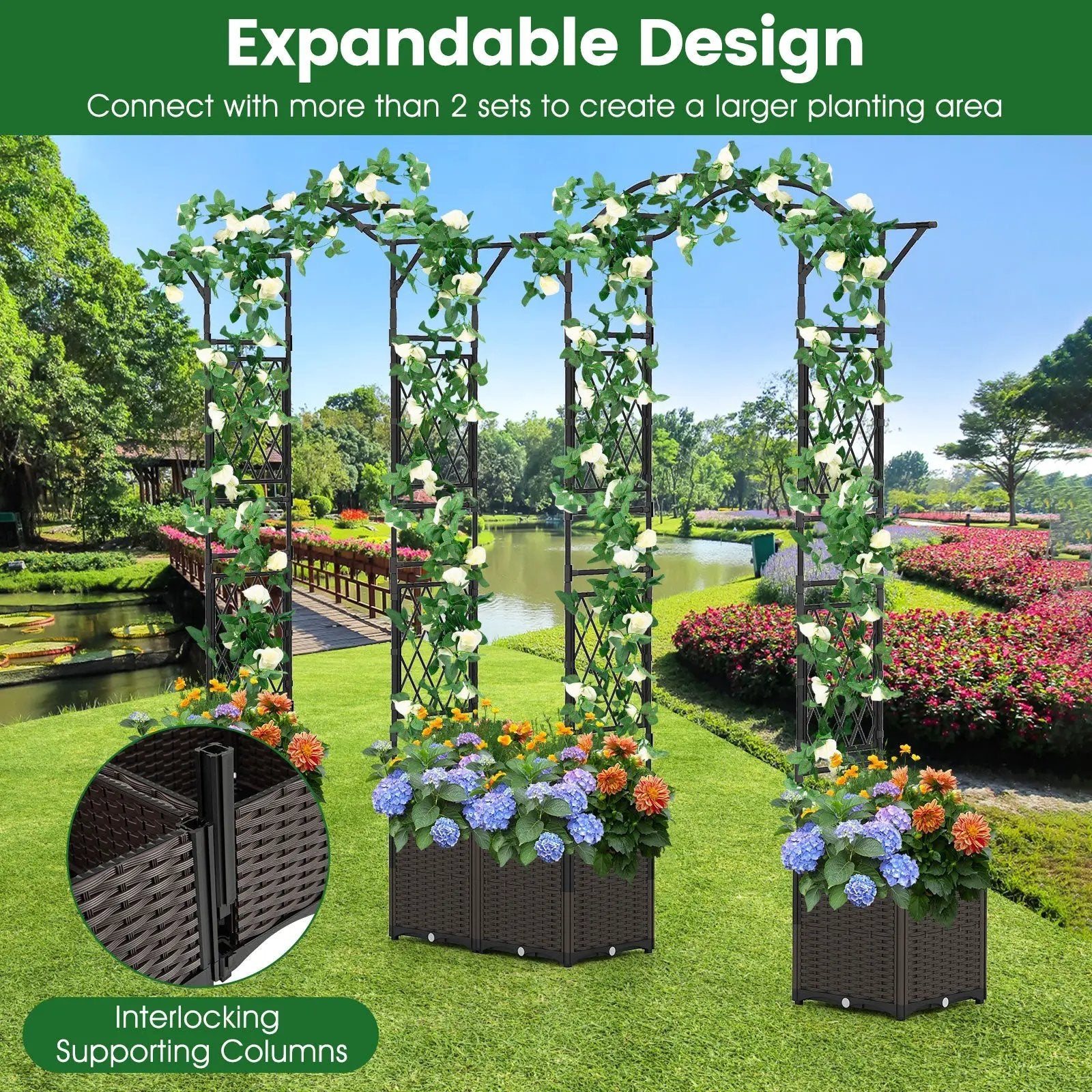 82 x 99 Inch Garden Arch Trellis with 2 Self-Watering Planter Boxes Wheels-Black by DirectDeals