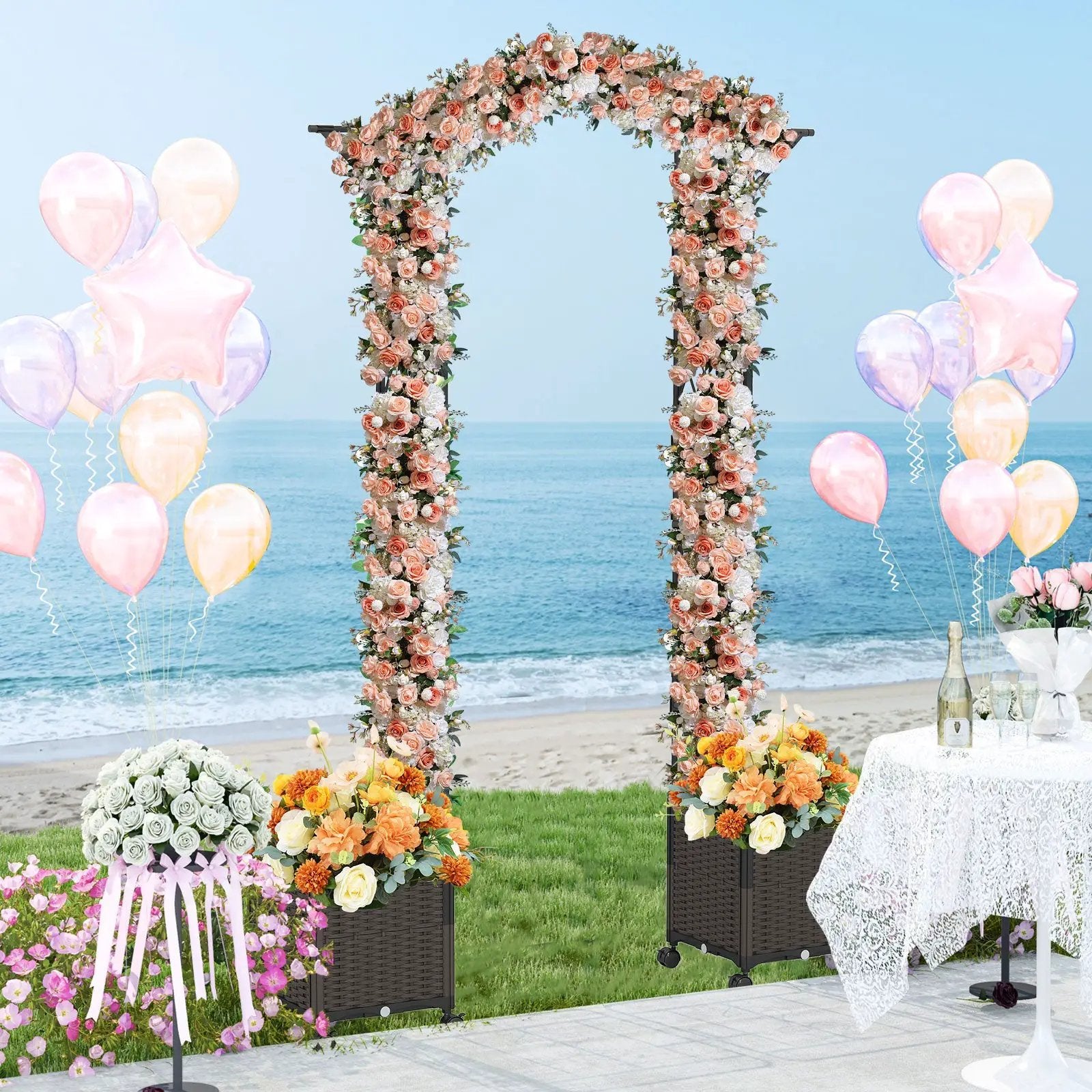 82 x 99 Inch Garden Arch Trellis with 2 Self-Watering Planter Boxes Wheels-Black by DirectDeals