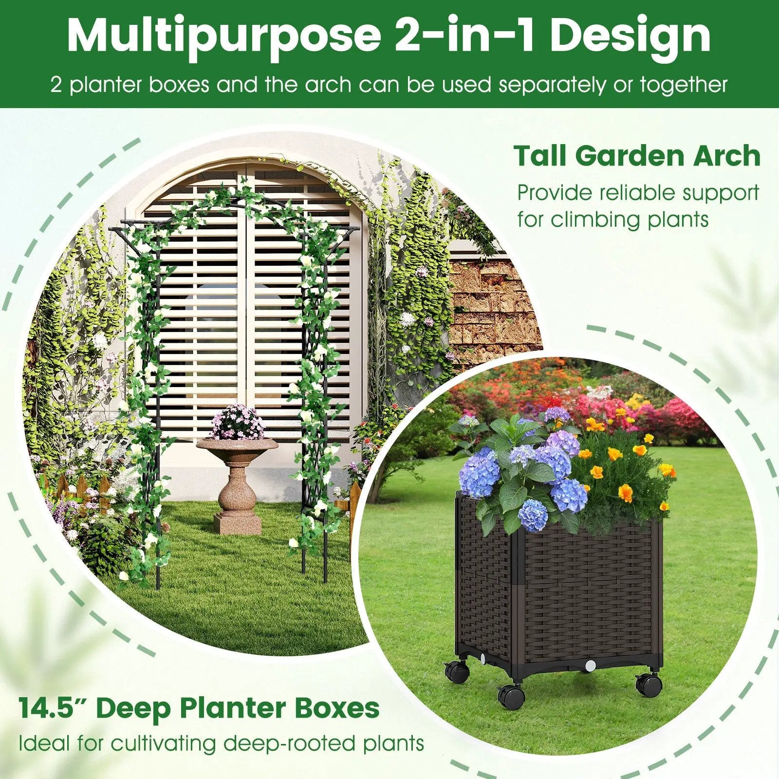 82 x 99 Inch Garden Arch Trellis with 2 Self-Watering Planter Boxes Wheels-Black by DirectDeals