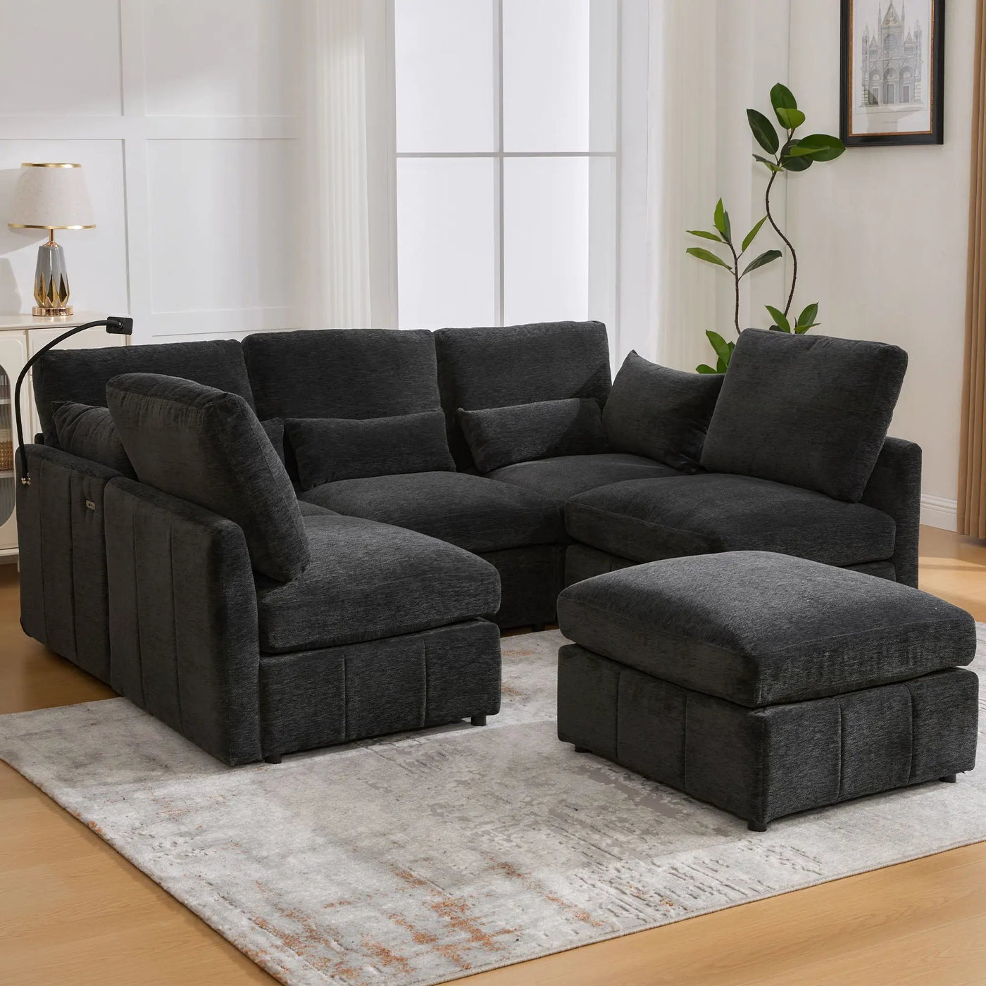 Modern Modular U-Shaped Sofa Bed With Movable Ottoman, USB Ports, Phone Holder by Unique Piece Furniture