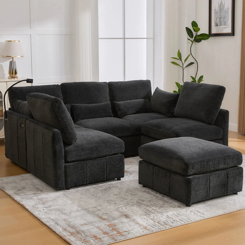 Modern Modular U-Shaped Sofa Bed With Movable Ottoman, USB Ports, Phone Holder