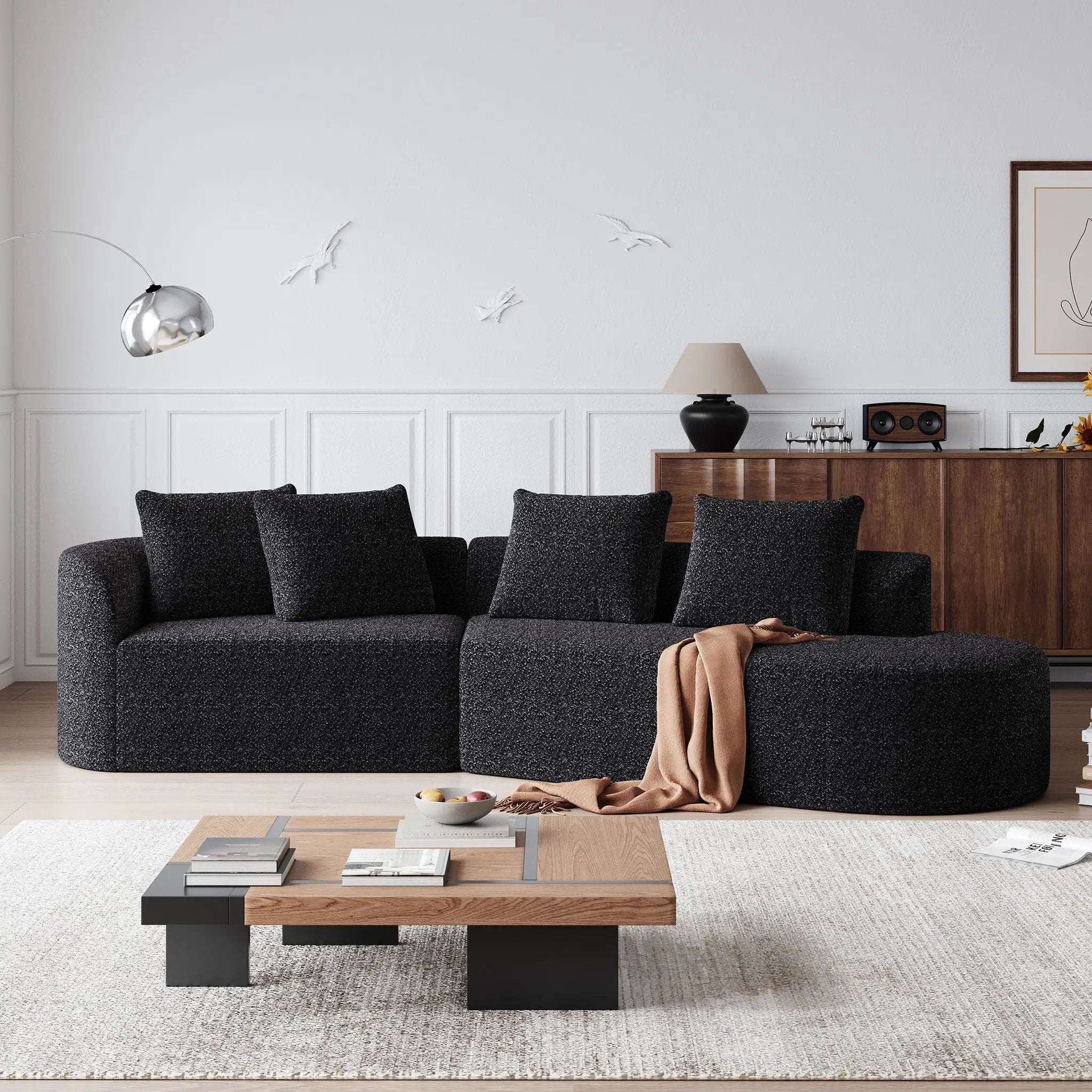 Upholstered Oversized Sectional Sofa, 4 Seater Extra Deep & Wide Curved Cloud Couch With 4 Throw Pillows For Living Room - Black by HouseOfZazla
