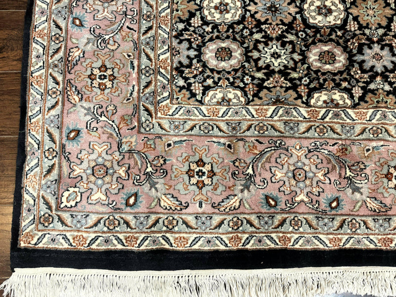 Indo Persian Rug 9x12, Vintage Handmade Wool Carpet, Repeated Allover Motif, Navy Blue and Pink by Jewel Rugs