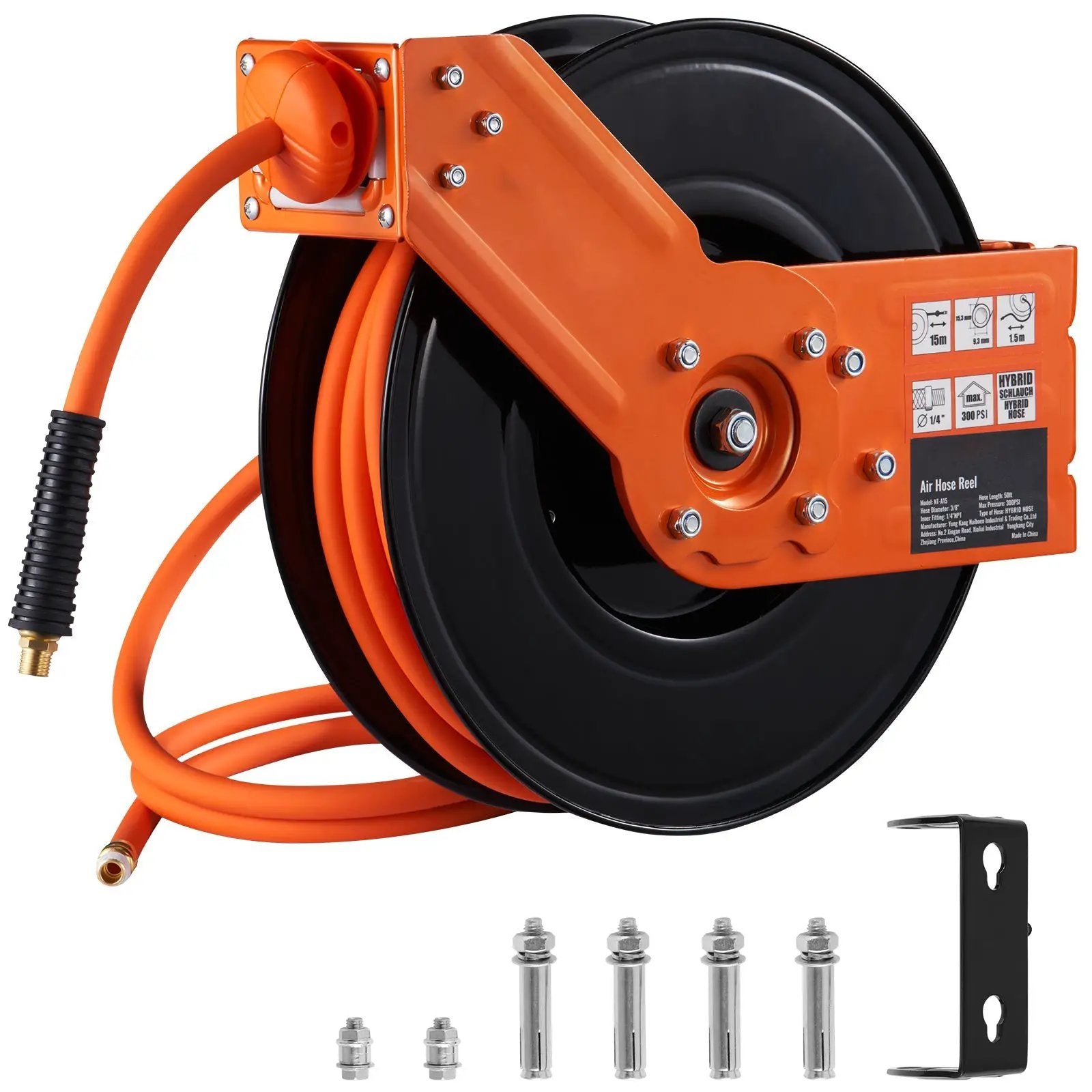 Retractable Air Hose Reel with 3/8 IN x 50 FT Hybrid Hose, Max 300 PSI by HouseOfZazla