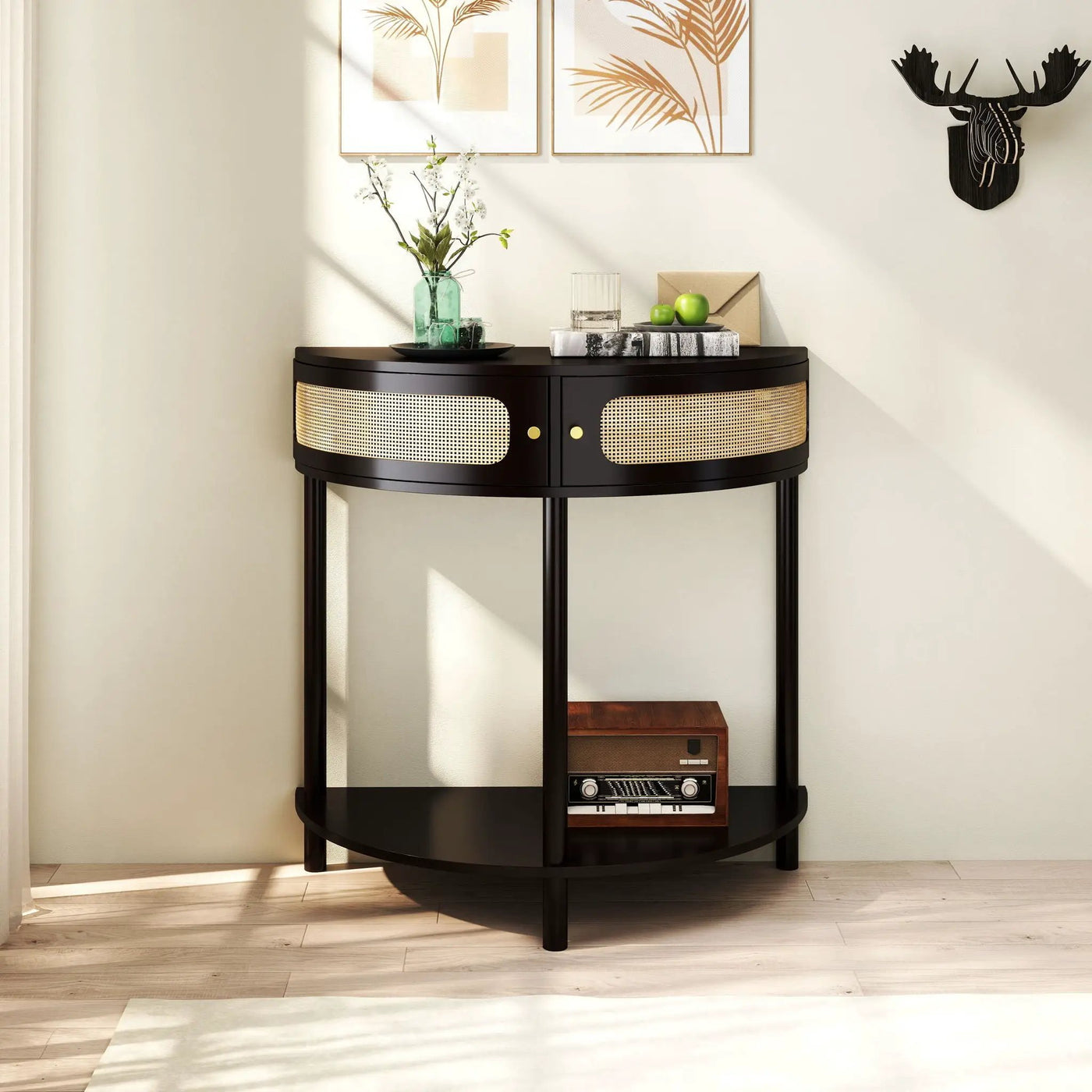 Boho Rattan Semi Circle End Table With Sliding Rattan Door, Storage And Bottom Shelf by Unique Piece Furniture