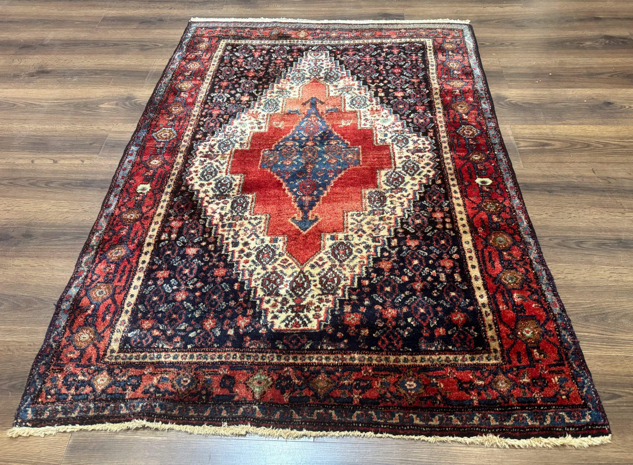 Antique Persian Kurdish Senneh Rug 4x5 Tribal Carpet Wool Geometric Medallion by Jewel Rugs