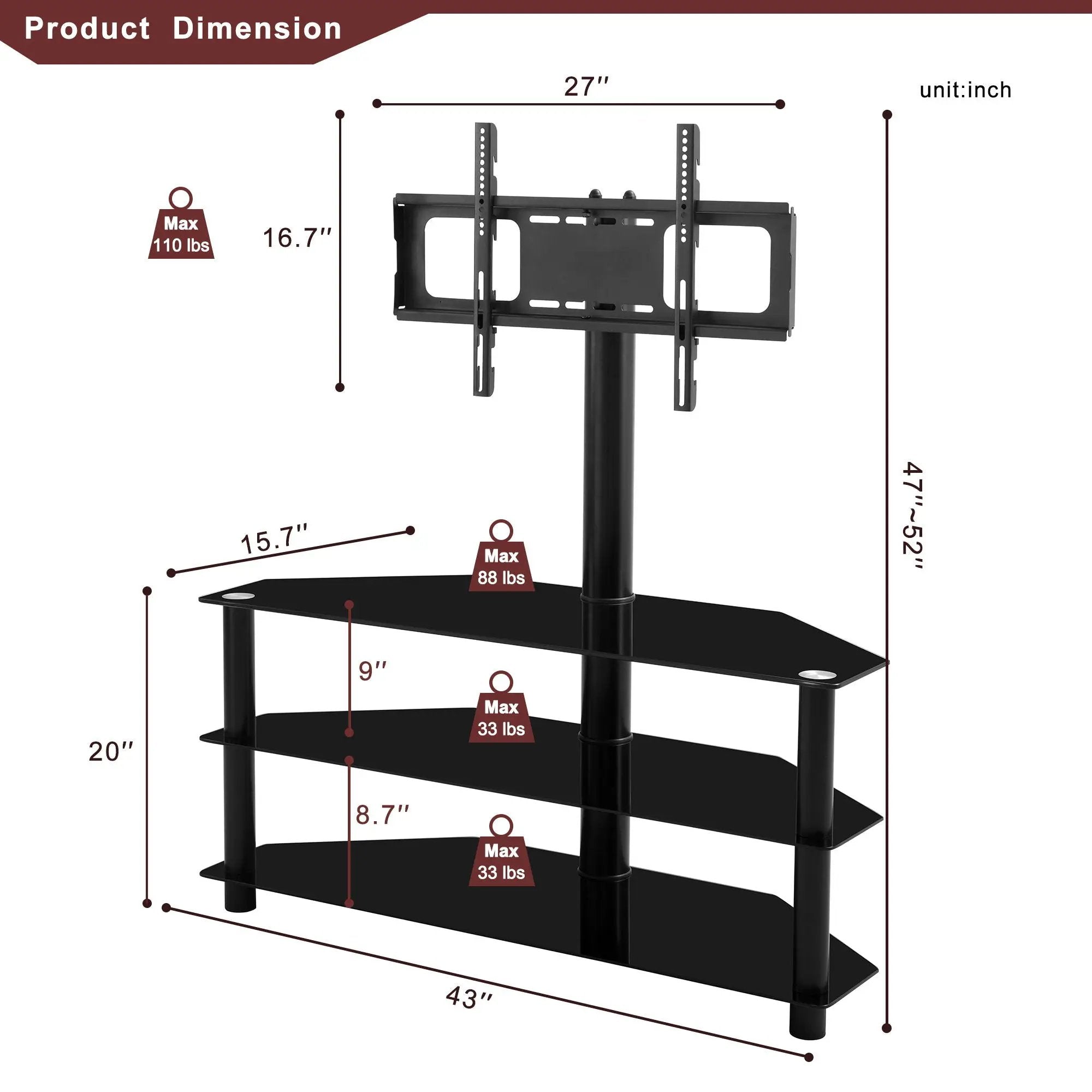 43.3" Multi-Function TV Stand Height Adjustable Bracket Swivel 3 Tier - Black by Unique Piece Furniture