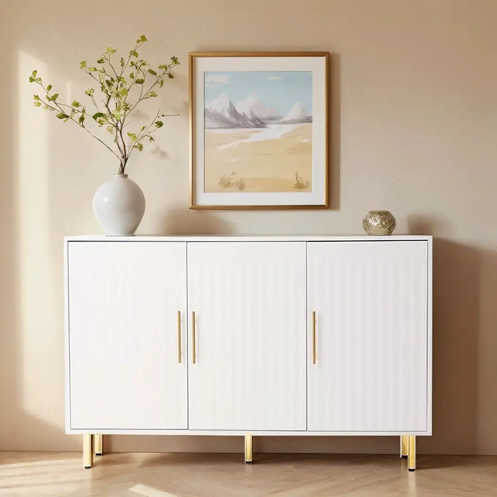3 Door Large Storage Sideboard With Handles For Kitchen, Dining Room And Living Room, Accent Buffet Cabinet, Coffee Bar Sideboard Cabinet With 3 Doors - White / Gold by HouseOfZazla