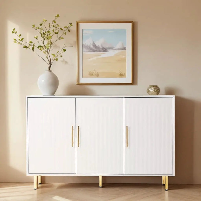 3 Door Large Storage Sideboard With Handles For Kitchen, Dining Room And Living Room, Accent Buffet Cabinet, Coffee Bar Sideboard Cabinet With 3 Doors - White / Gold by HouseOfZazla