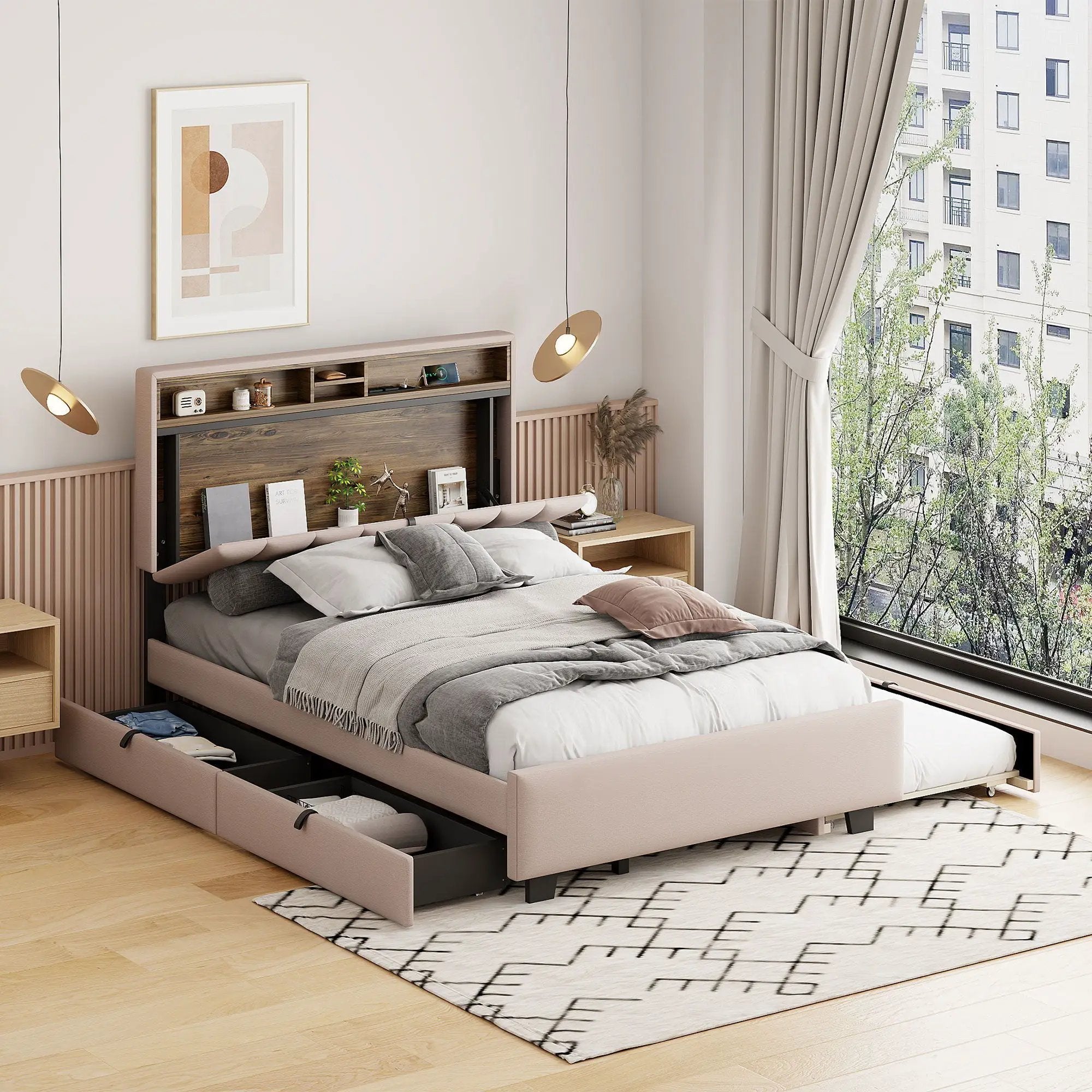 Upholstered Platform Bed With Storage Headboard, Trundle & 2 Drawers And A Set Of Sockets & USB Ports by HouseOfZazla