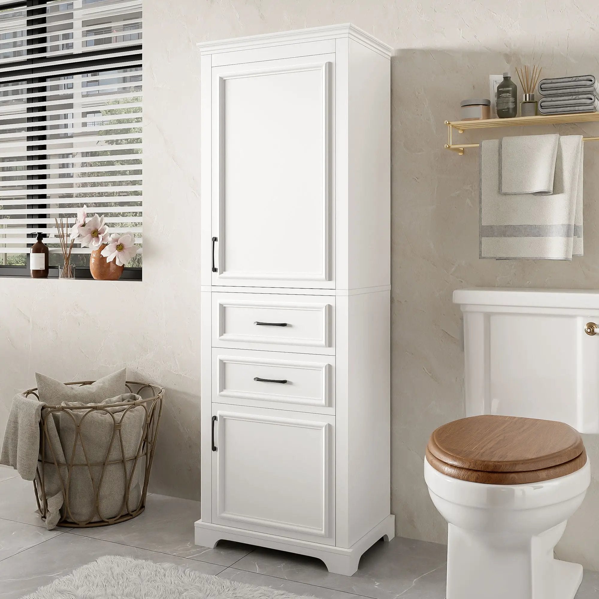 Freestanding Bathroom Vanity Tall With Damping Hinge Doors, Adjustable Shelves - White by Unique Piece Furniture