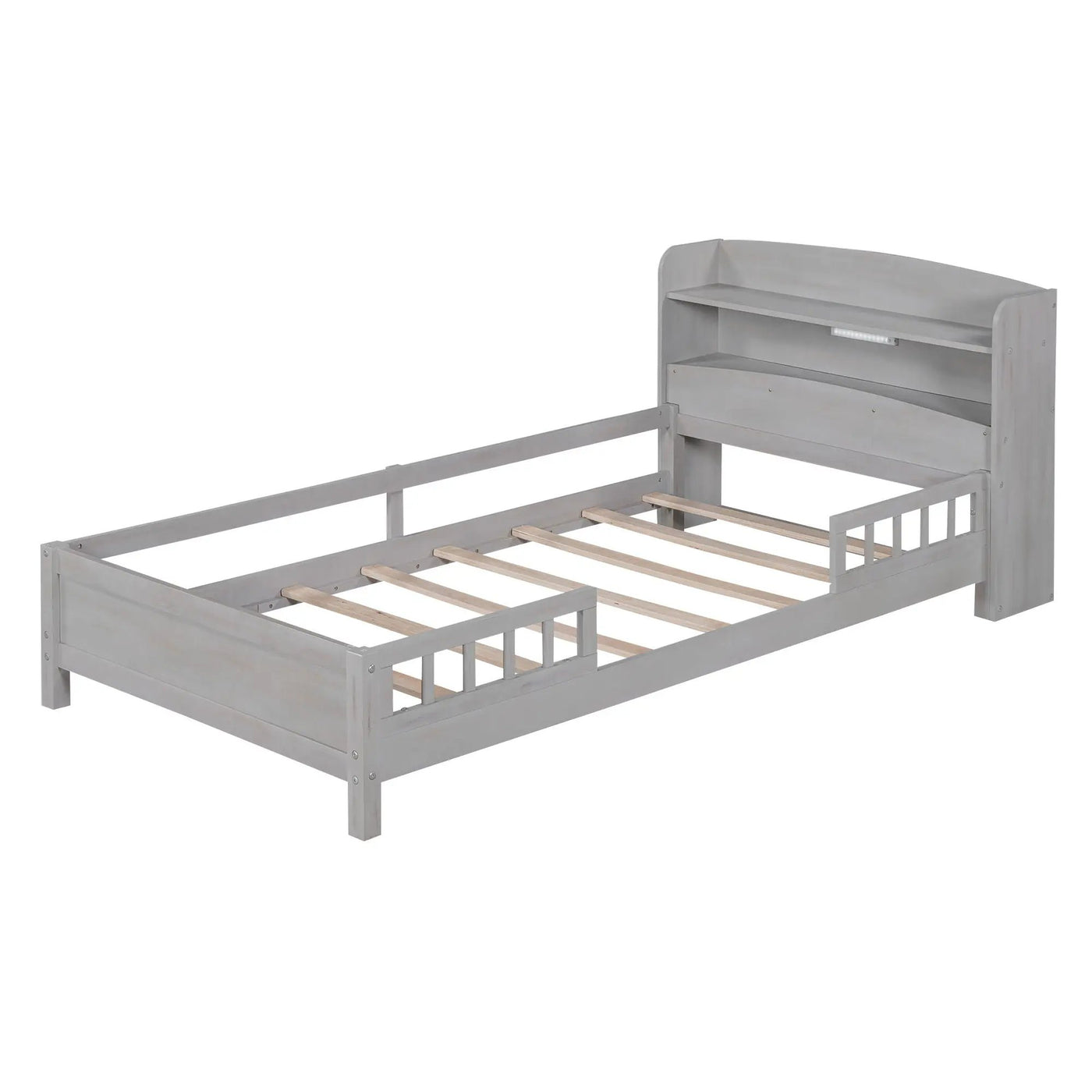 Wood Platform Bed With Built In LED Light, Storage Headboard And Guardrail by HouseOfZazla