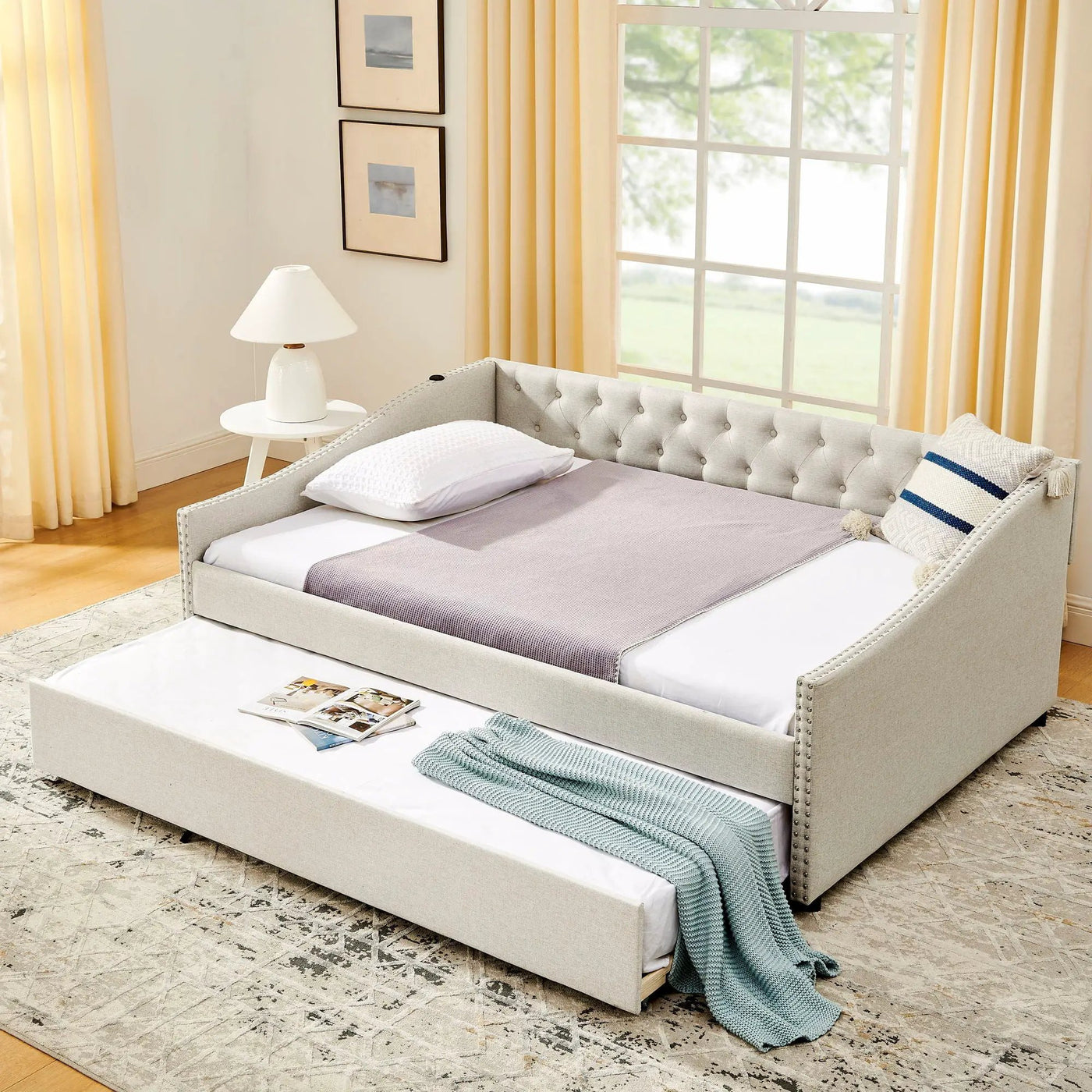 Upholstered Daybed With USB Charging & Pull Out Bed by HouseOfZazla