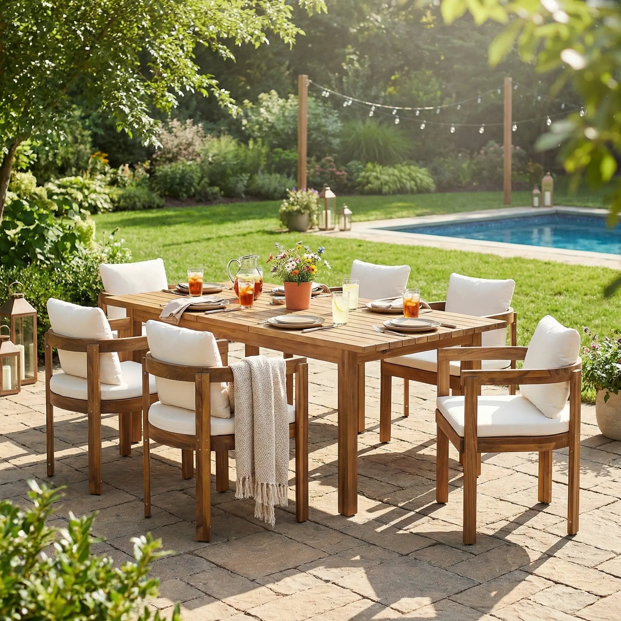 7 Pieces Acacia Wood Outdoor Dining Set with Cream Cushions by HouseOfZazla