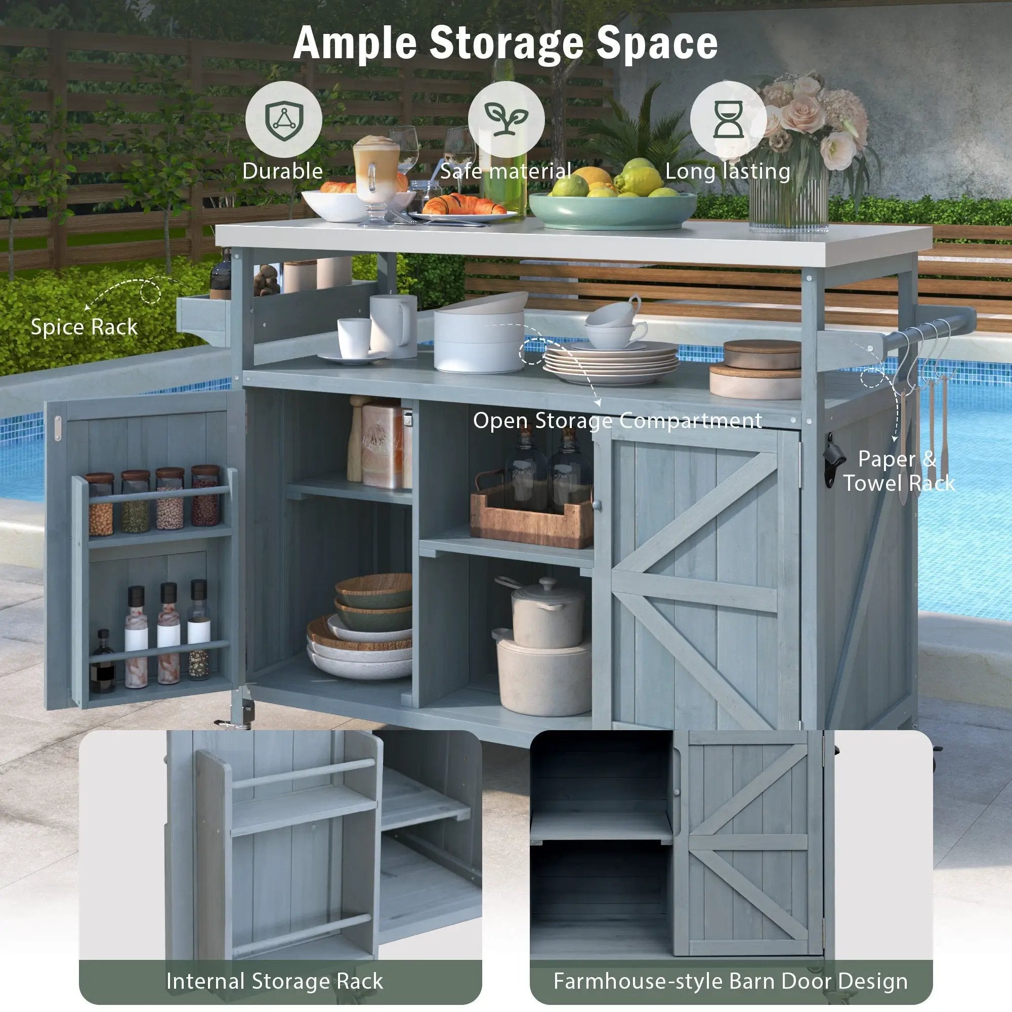 K&K Outdoor Kitchen Island, Rolling Bar Cart & Storage Cabinet by HouseOfZazla