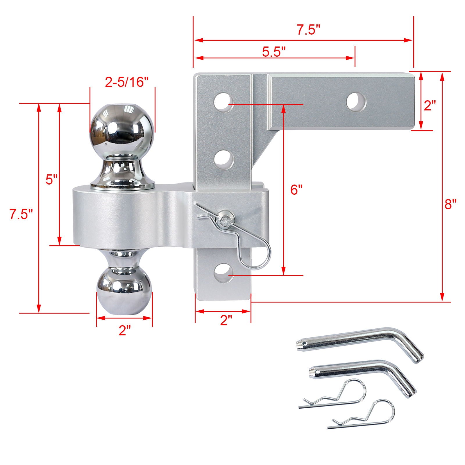 Alu - Adjustable Trailer Drop Hitch With 2" Receiver, 6" Adjustable - Silver by HouseOfZazla