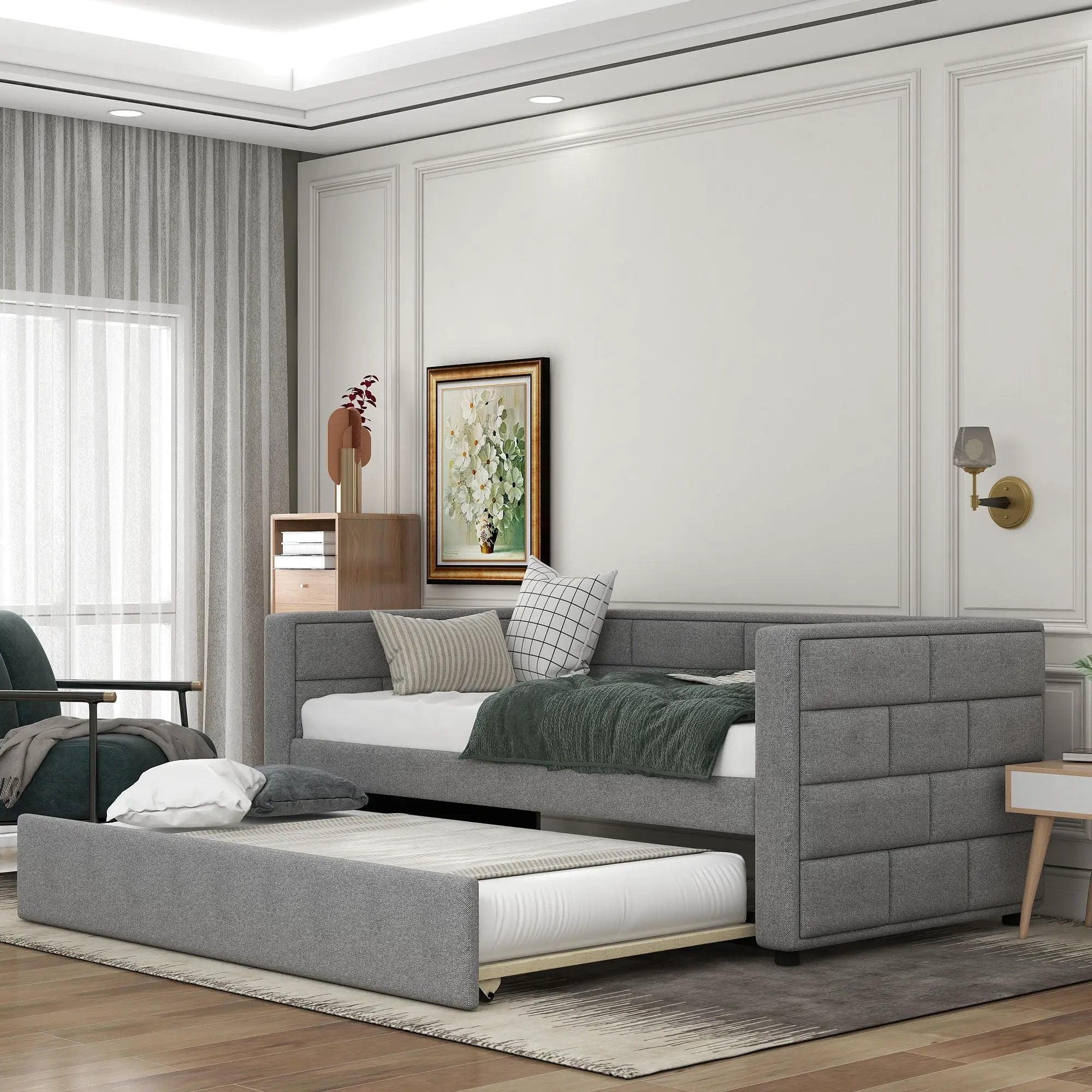 Upholstered Twin Size Daybed With Trundle, Padded Back And Sides - Gray by Unique Piece Furniture