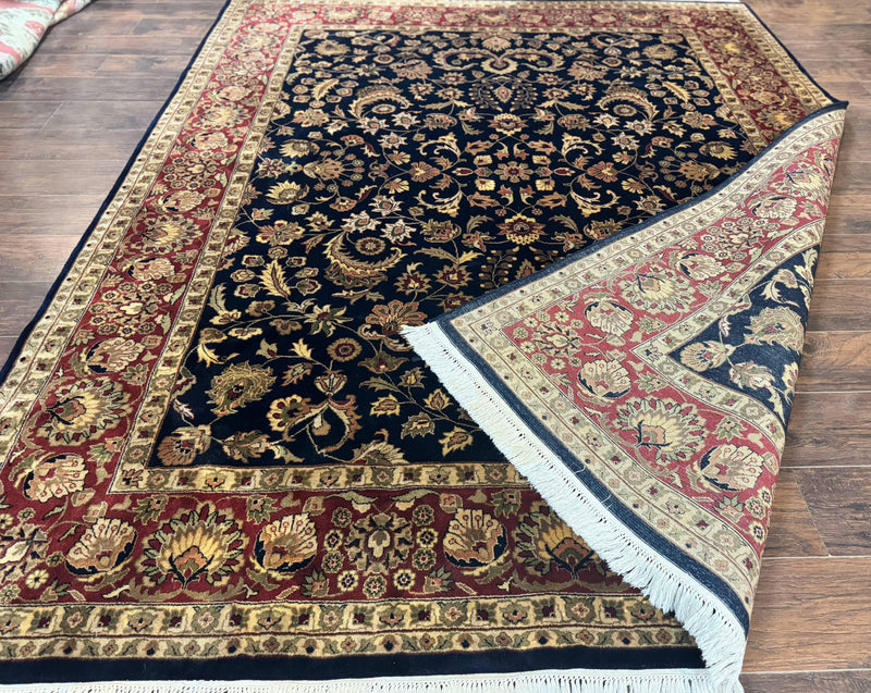 Indo Persian Rug 8x10, Navy Blue and Red, Floral Allover, Hand Knotted Vintage Wool Carpet, Indo Sarouk by Jewel Rugs