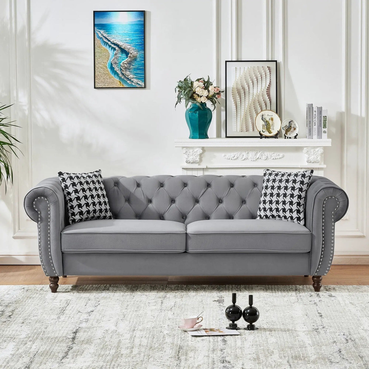 Chesterfield Upholstery Fabric Sofa With Roll Armrest & Nailhead, Mid Century Modern 3 And 3 Seater Couch by Unique Piece Furniture