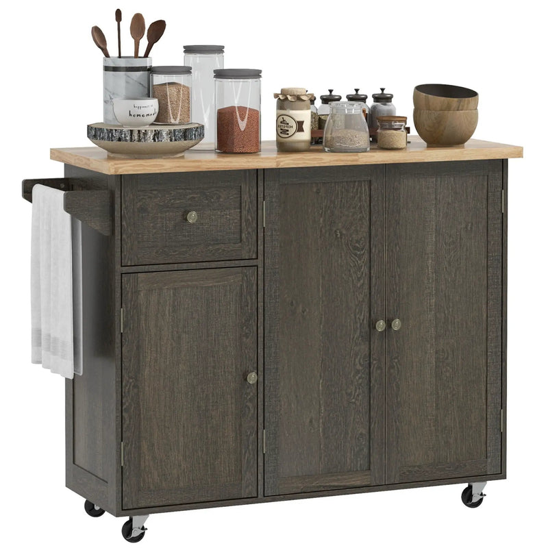 Homcom - Triple-Cabinet Rolling Kitchen Island On Wheels, Kitchen Cart With Storage Shelf Adjustment, Rolling Utility Cart With Wood Top, Towel Rack, Big Drawer - Distressed Brown by HouseOfZazla