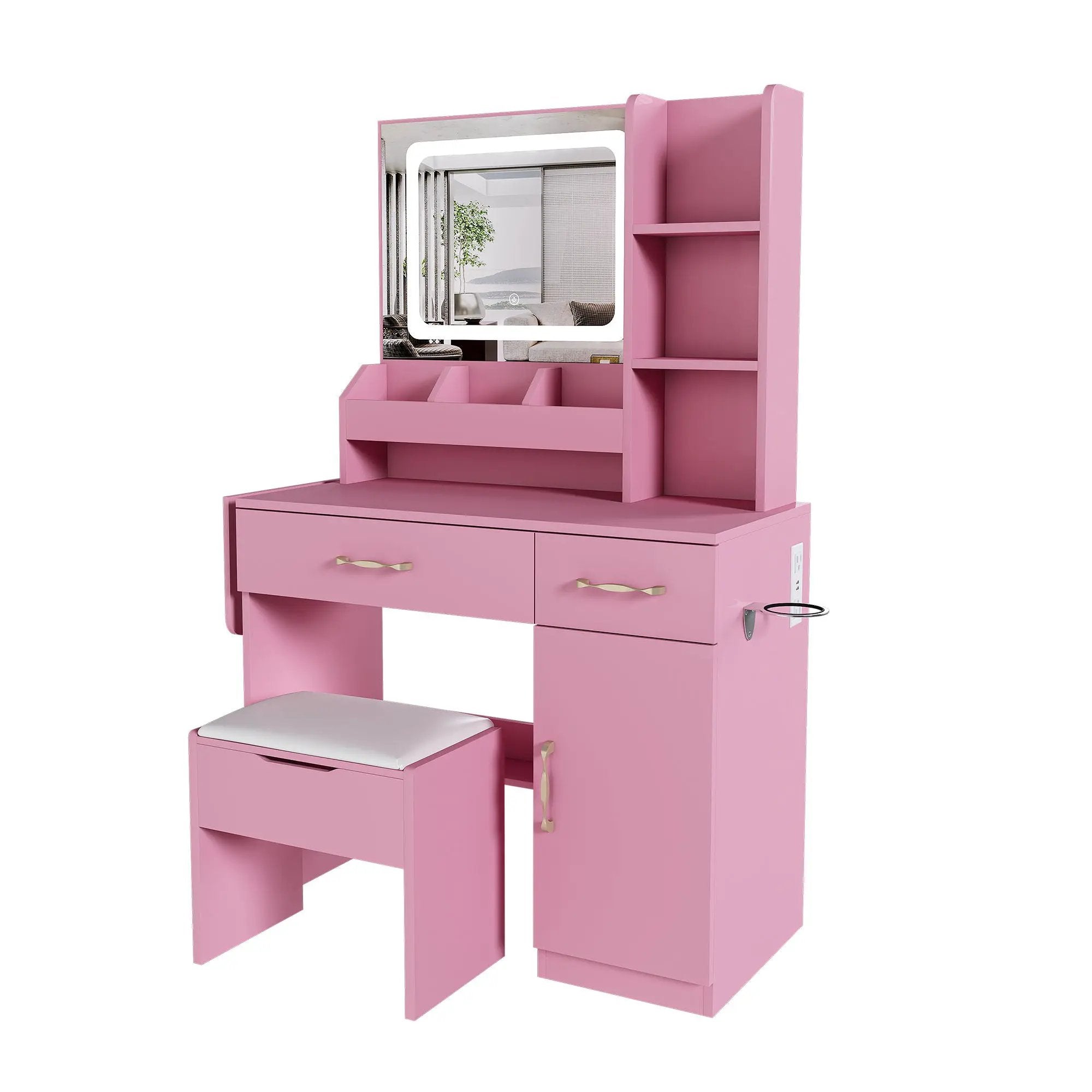 Vanity Desk With LED Mirror Lights And Power Outlet Charging Station, 3 Drawers, 7 Shelves, Storage Stool - Pink by HouseOfZazla
