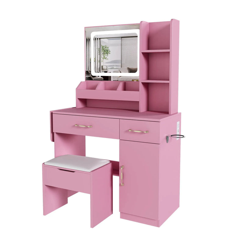 Vanity Desk With LED Mirror Lights And Power Outlet Charging Station, 3 Drawers, 7 Shelves, Storage Stool - Pink by HouseOfZazla