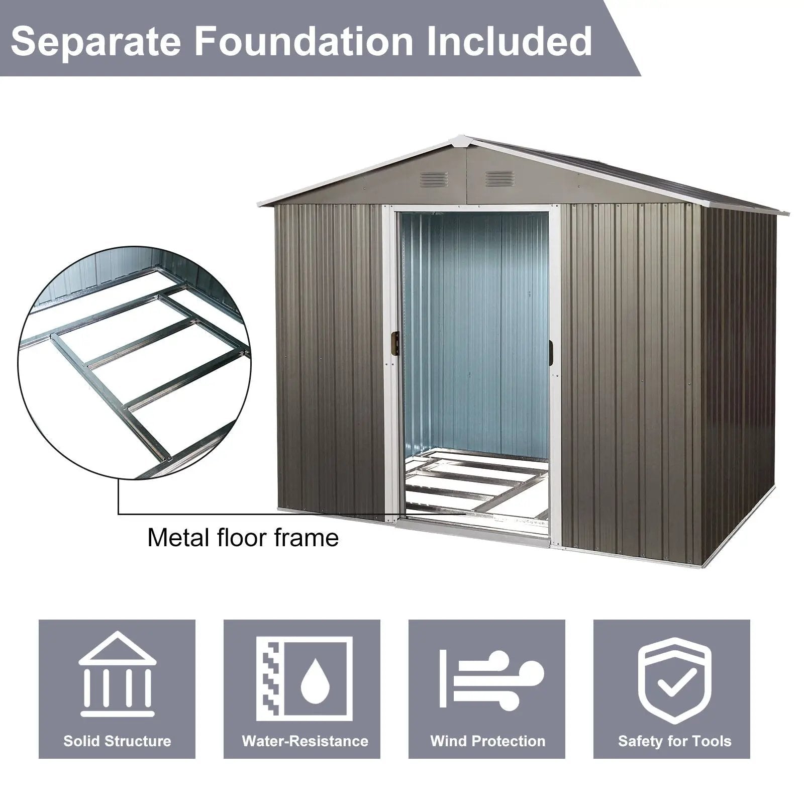8Ft x 6Ft Outdoor Metal Storage Shed With Floor Base (SKU: W540S00012) - Gray by HouseOfZazla