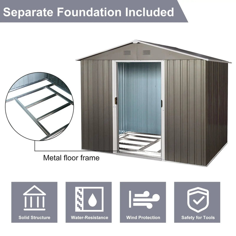 8Ft x 6Ft Outdoor Metal Storage Shed With Floor Base (SKU: W540S00012) - Gray by HouseOfZazla