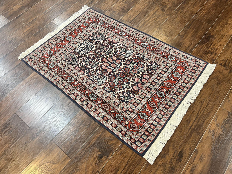 Pak Persian Rug 3x4, Wool Hand Knotted Vintage Traditional Carpet, Navy Blue & Red, Very Fine Small Handmade Floral Rug by Jewel Rugs