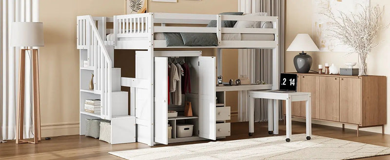 Loft Bed With Stairs, Bookshelf, Drawers, Desk & Wardrobe, Space Saving Multifunctional Furniture by HouseOfZazla