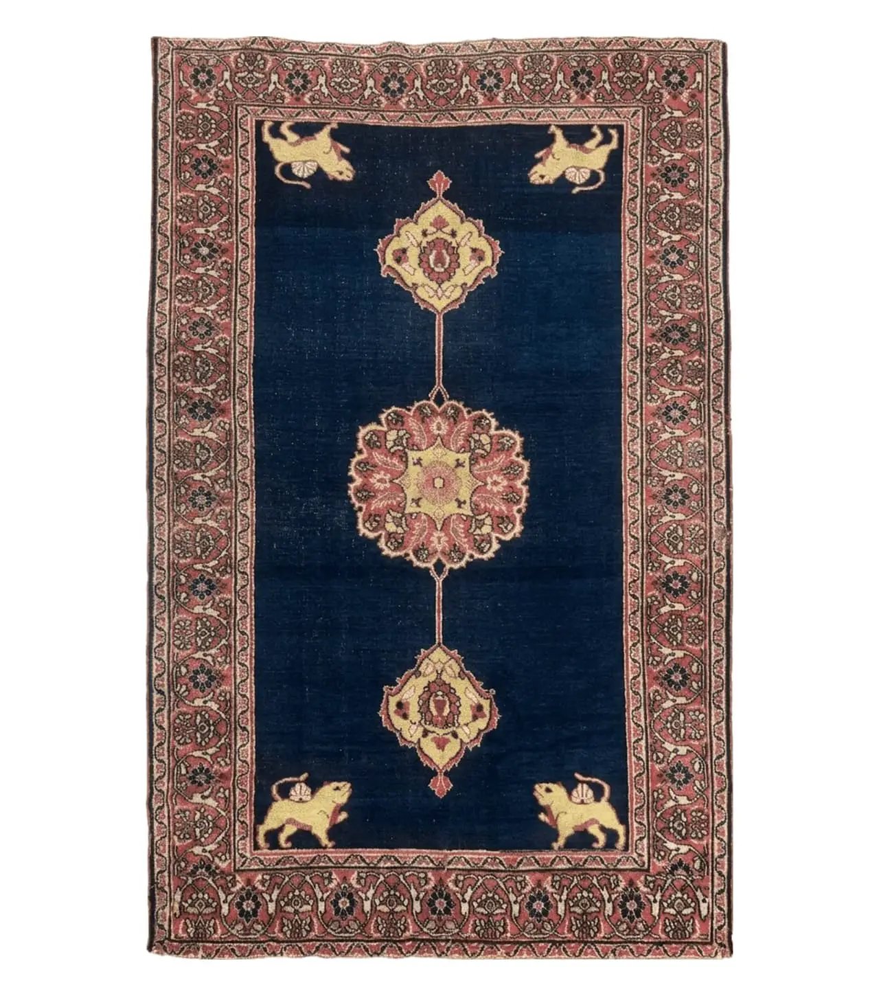 Antique Persian Mashad Rug 4x6, Semi Open Field, Navy Blue, Lion Pictorials, Triple Medallion, Dorokhsh Rug by Jewel Rugs