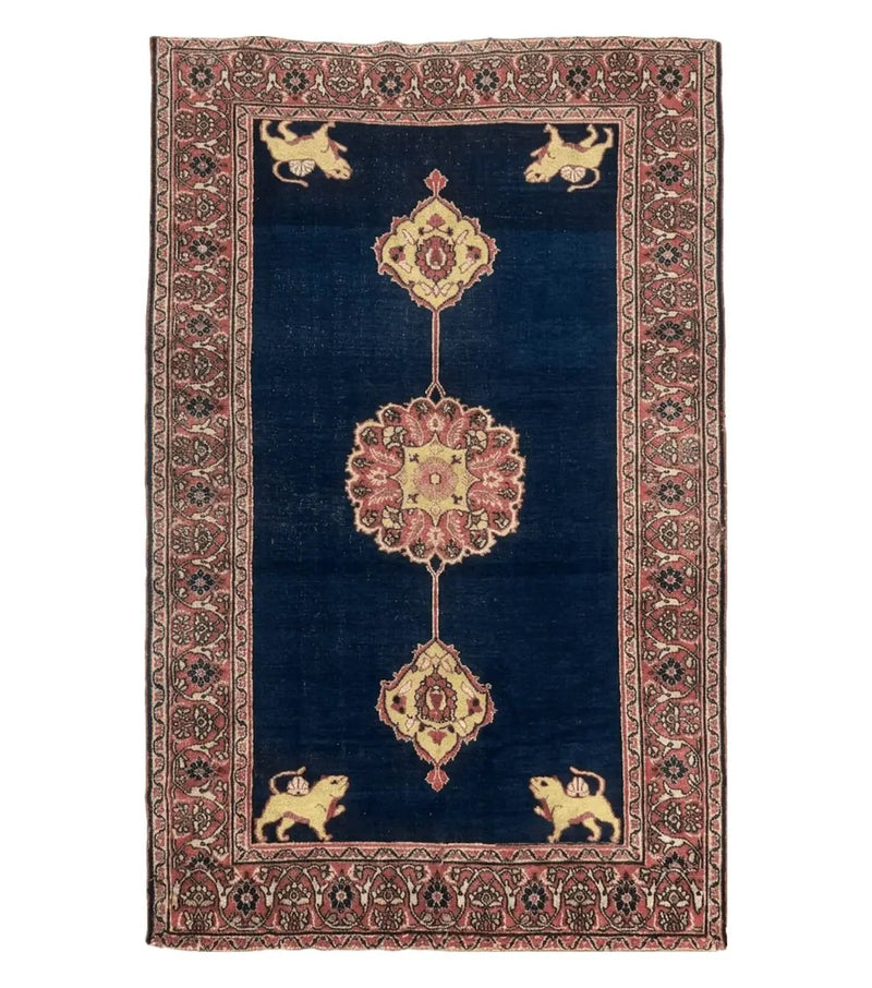 Antique Persian Mashad Rug 4x6, Semi Open Field, Navy Blue, Lion Pictorials, Triple Medallion, Dorokhsh Rug by Jewel Rugs