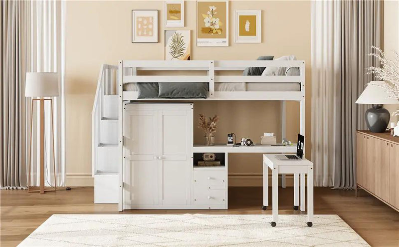 Loft Bed With Stairs, Bookshelf, Drawers, Desk & Wardrobe, Space Saving Multifunctional Furniture by HouseOfZazla