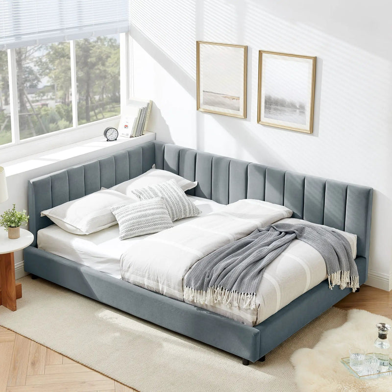 Mid-Century Upholstered Tufted Bed Frame with Backrest and Armrests by HouseOfZazla