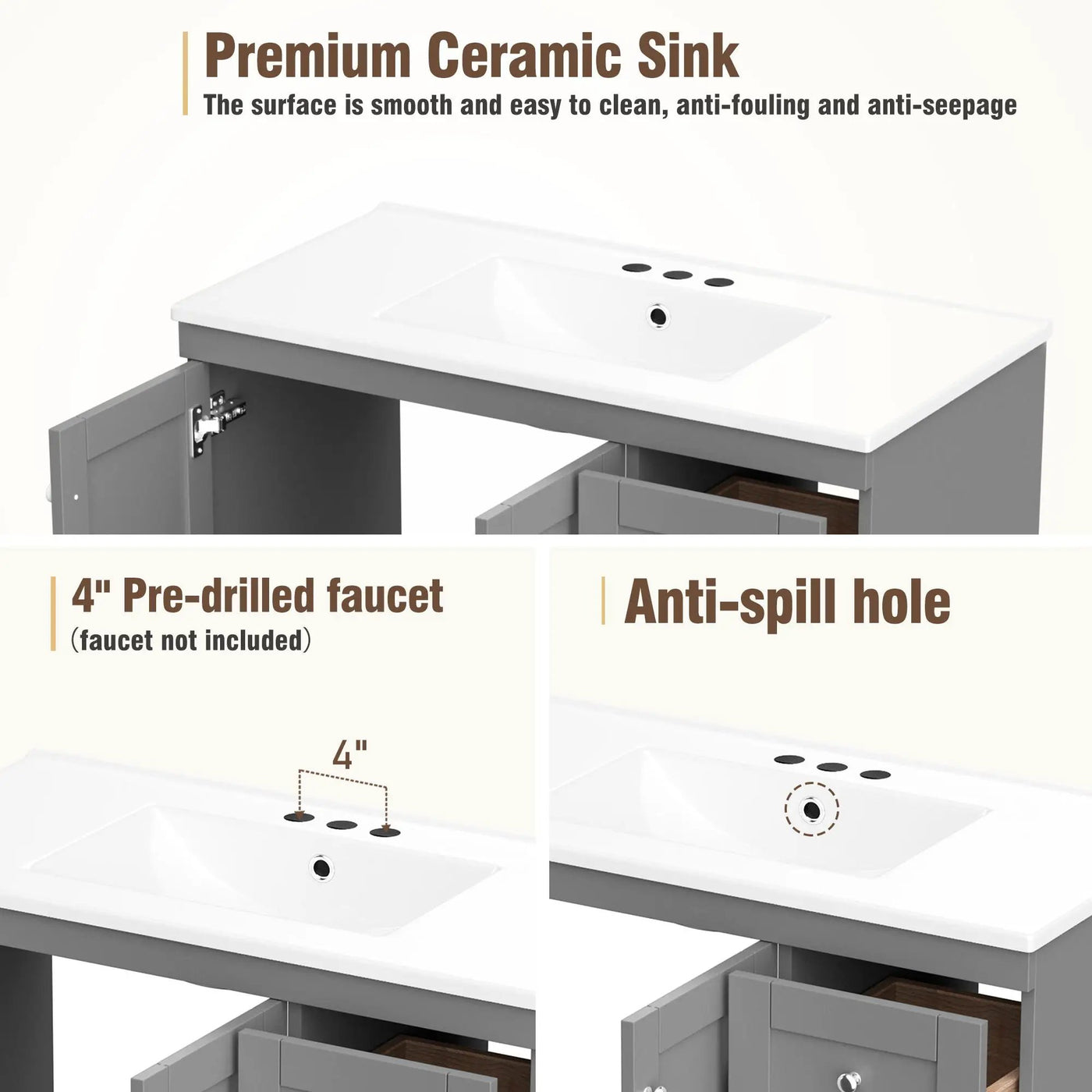 Shaker Free Standing Bathroom Vanity Cabinet & Sink, Soft Close Drawers, Soft Close Doors by Unique Piece Furniture