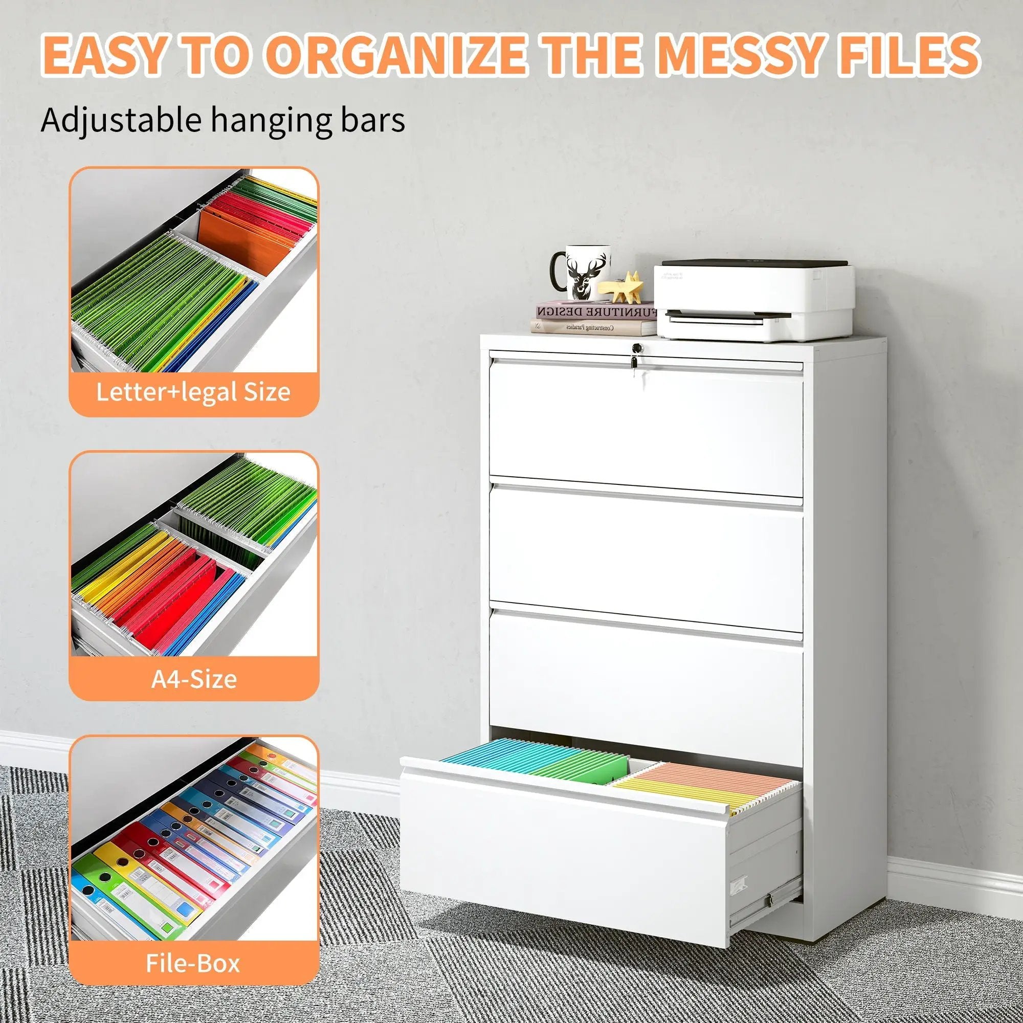 Lateral File Cabinet, Locking Heavy Duty, Anti-Tip Safety Interlock, Vertical Storage For Letter/Legal/A4 Files by Unique Piece Furniture