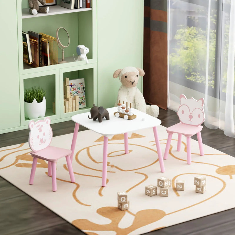 Table And Chair Set, 3 Piece Wooden Toddler Desk With Animal Backrest - Pink / White by Unique Piece Furniture