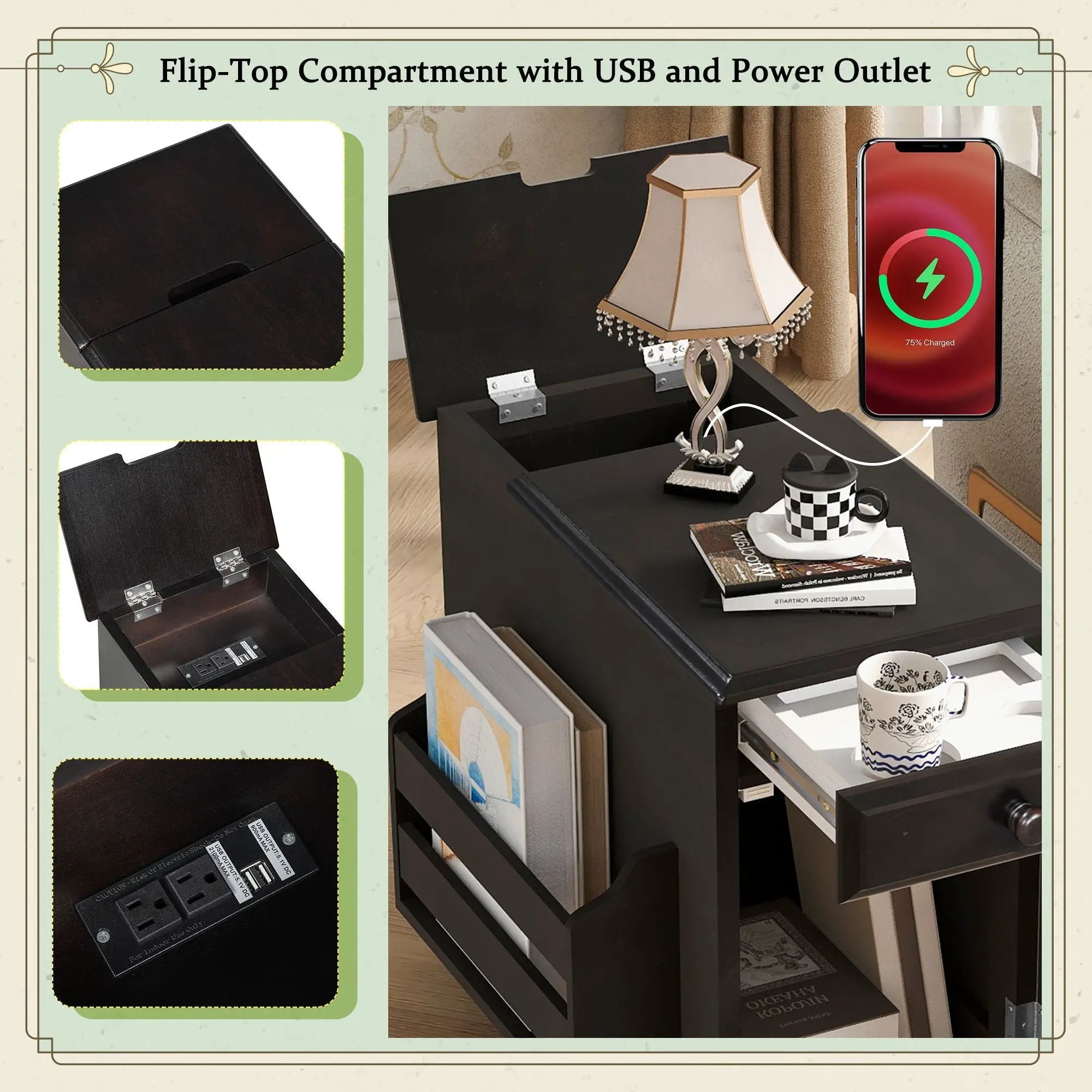 Vintage Flip Top Side Table With USB Ports by HouseOfZazla