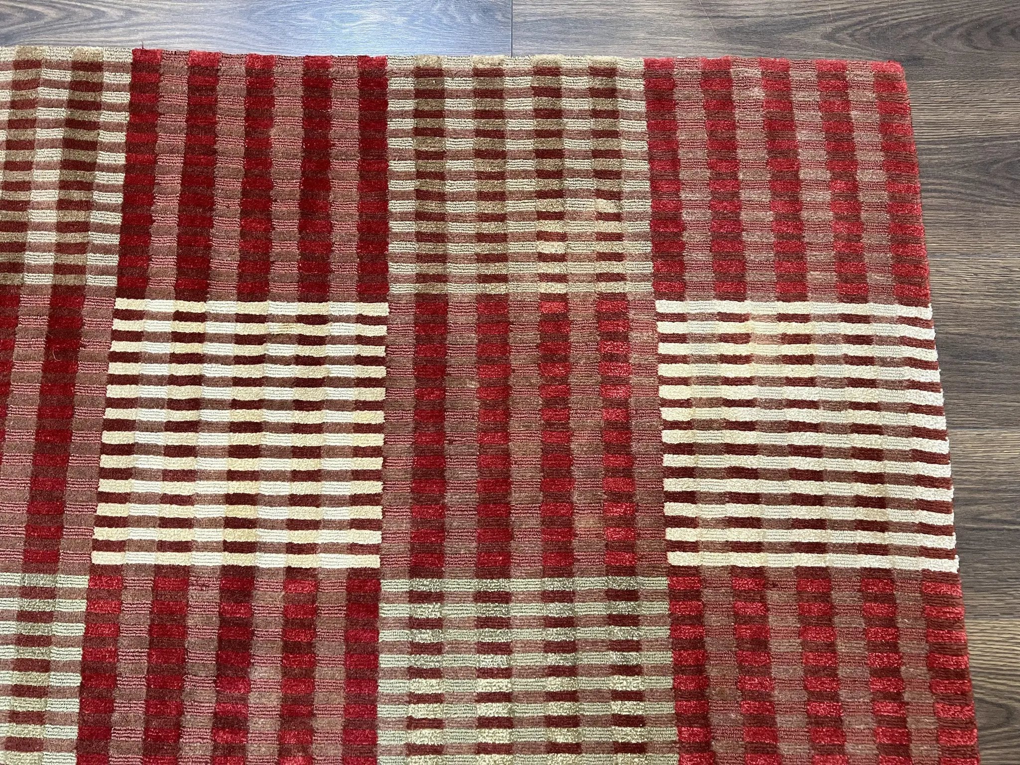 Modern Tibetan Rug 8x10, Hand Knotted Contemporary Nepali Carpet 8 x 10, Checkerboard Design, Red Cream Light Brown, Very Fine Wool & Silk by Jewel Rugs