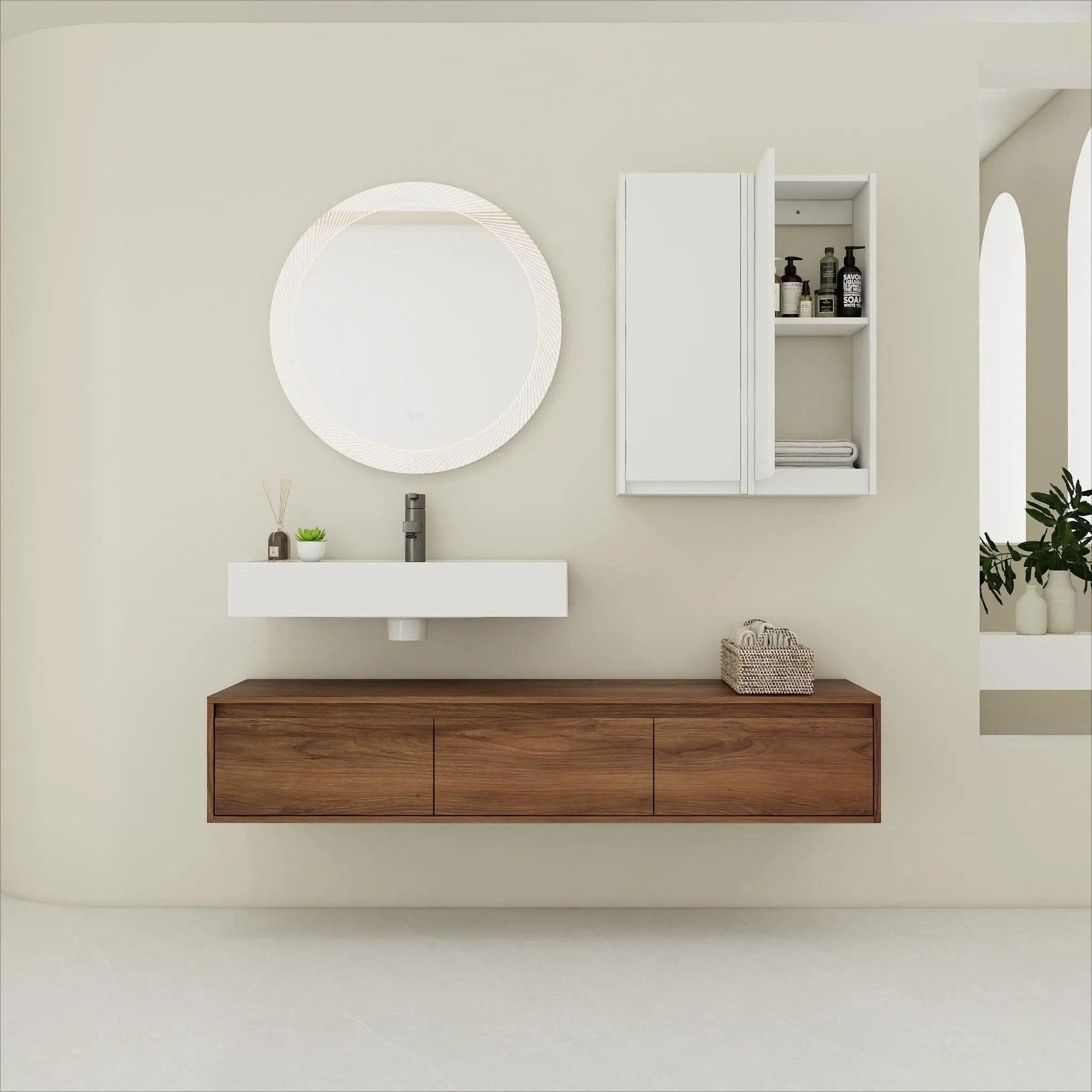 Wall Mounted Bathroom Vanity With Resin Sink And 2 Side Cabinet, 3 Soft Close Drawer - Brown Ebony by HouseOfZazla