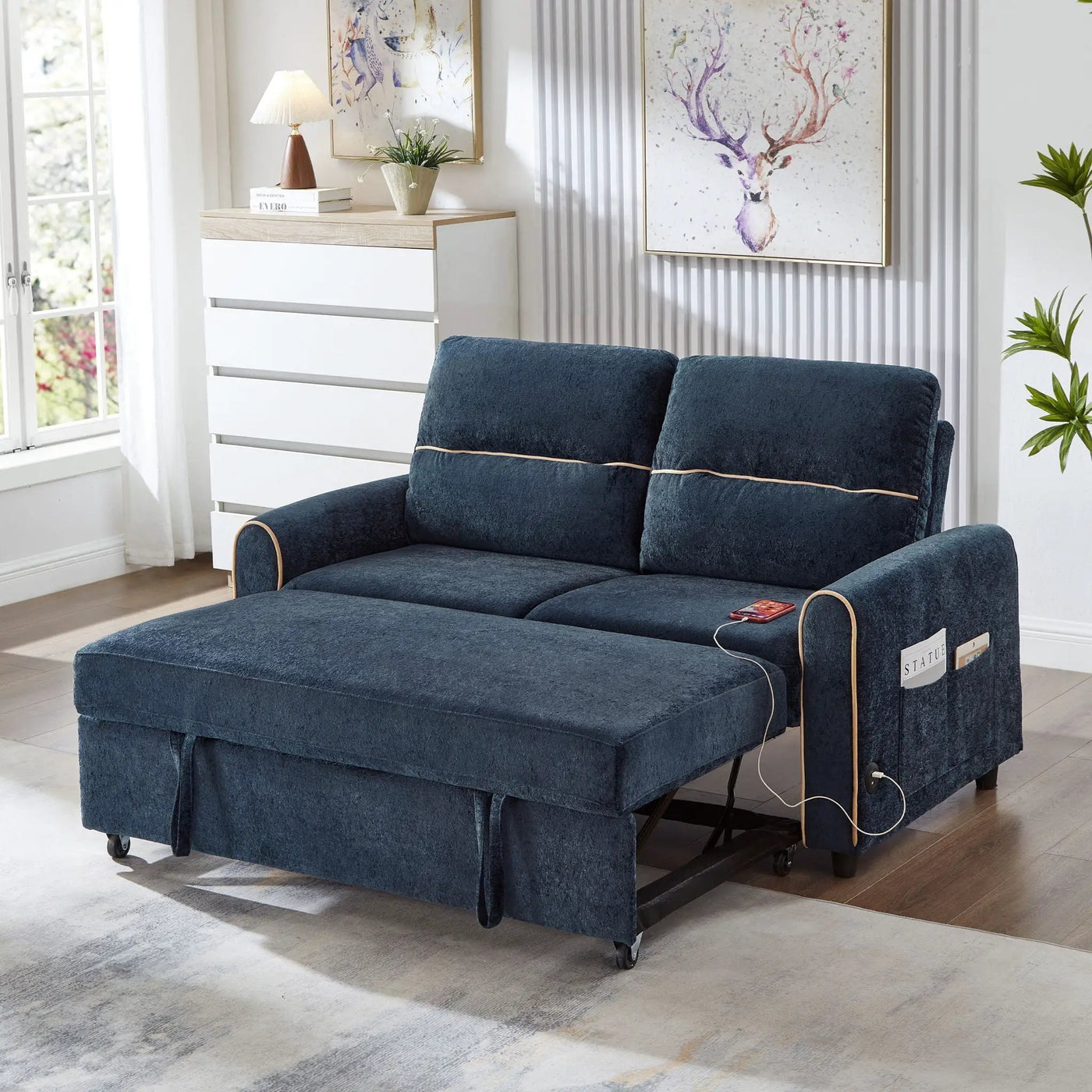 Pull Out Sofa Bed With Adjustable 3 Position Backrest, USB Charging Ports, Side Pockets by Unique Piece Furniture