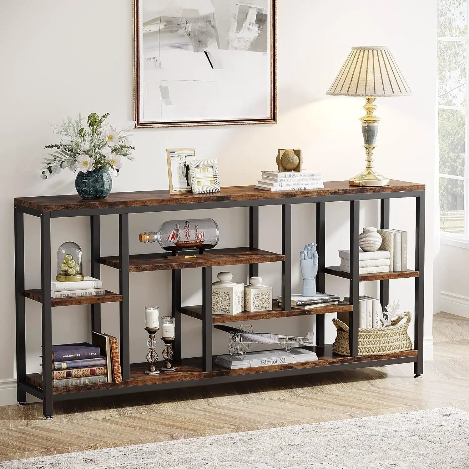 Tribesigns - Extra Long Console Table, 3 Tier With Storage Shelves - Rustic Brown by HouseOfZazla
