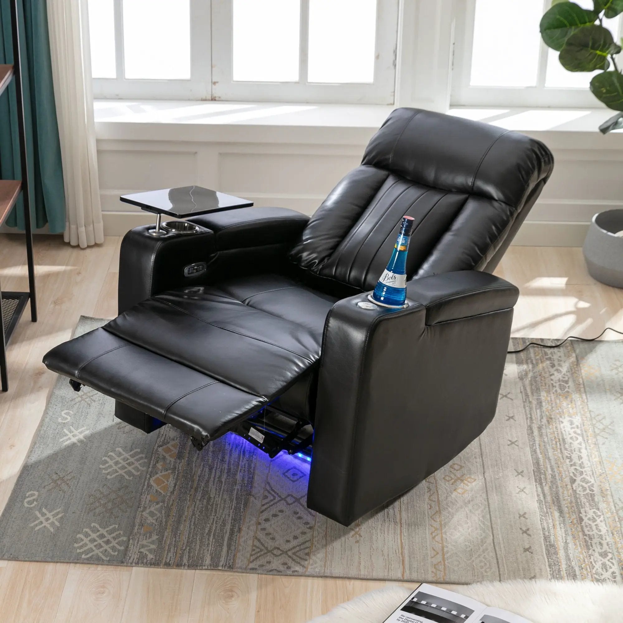 Premium Power Recliner & Storage Arms, Cupholders, Swivel Tray Table And Cell Phone Stand - Black by HouseOfZazla