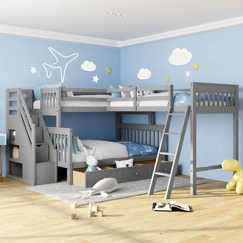 Solid L Shaped Bunk Bed With 3 Drawers, Ladder And Staircase by Unique Piece Furniture