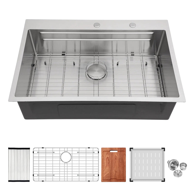 33" Drop In Kitchen Sink Single Bowl 16 Gauge Stainless Steel Ledge Workstation - Black by HouseOfZazla